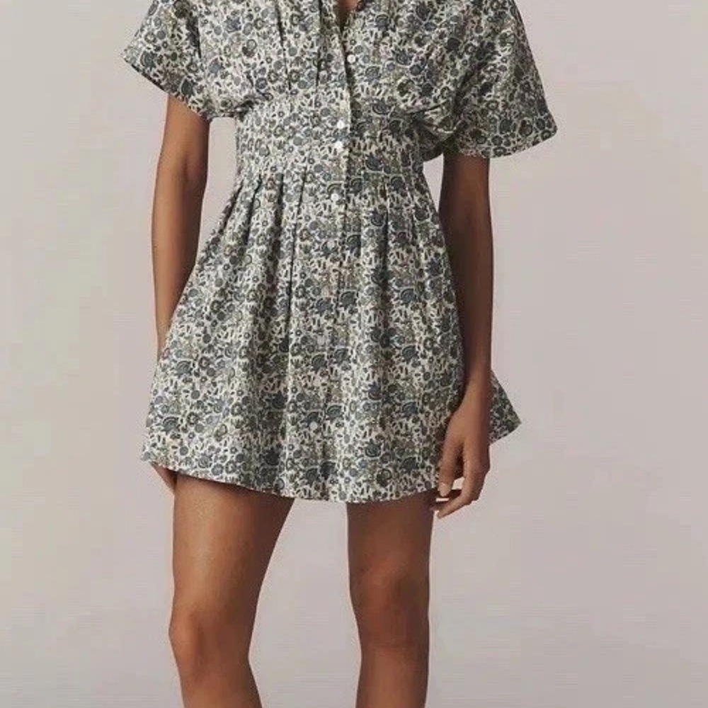 Anthropologie Blue and Cream Floral Shirtwaist Mini Dress - Picture 6 of 11
